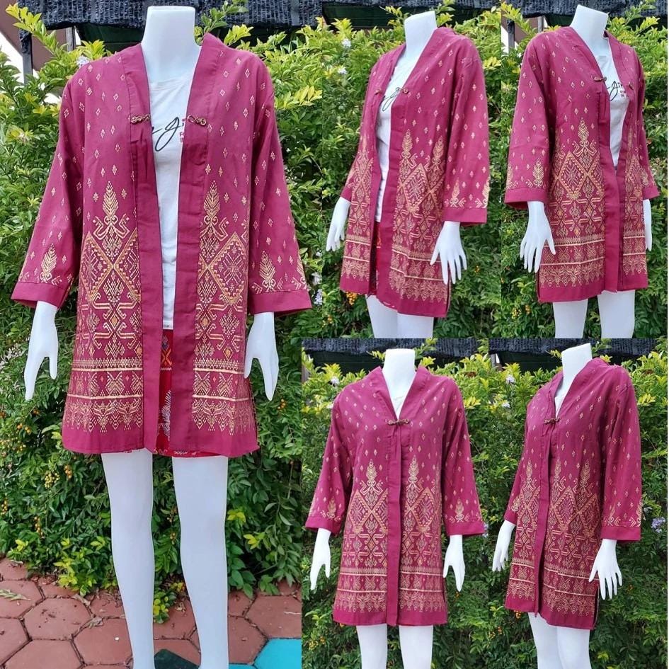 Thai Lanna Blouse - Thai Traditional Cotton Top - Long Jacket - Cotton Shirt - Chest 44"