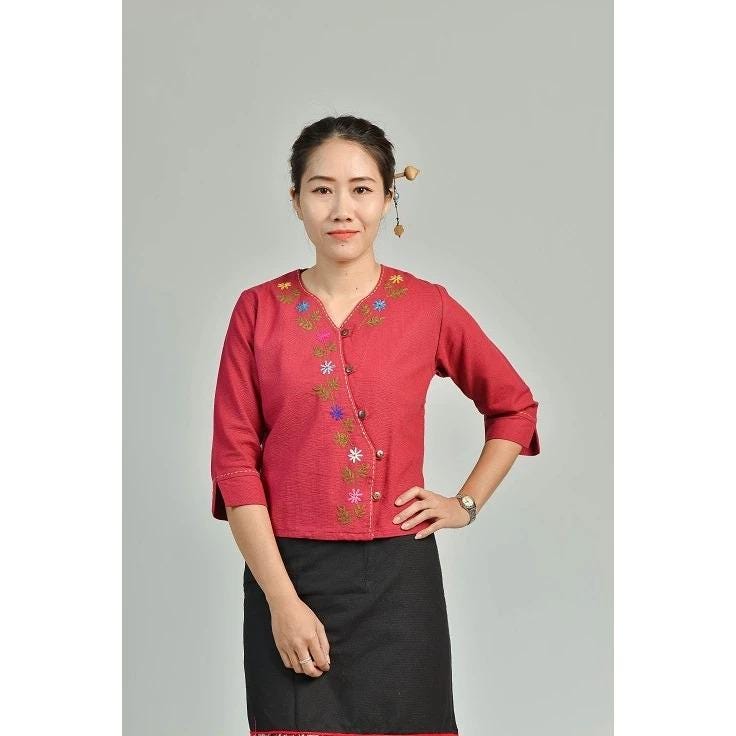 Thai Lanna Blouse - Thai Traditional Cotton Top - Thai Shirt - Cotton Shirt -Chest 36"-42"