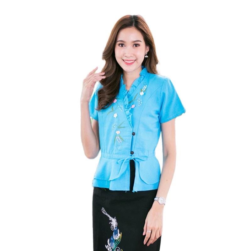 Thai Lanna Blouse - Thai Traditional Cotton Top - Thai Shirt - Cotton Shirt -Chest 34-42"
