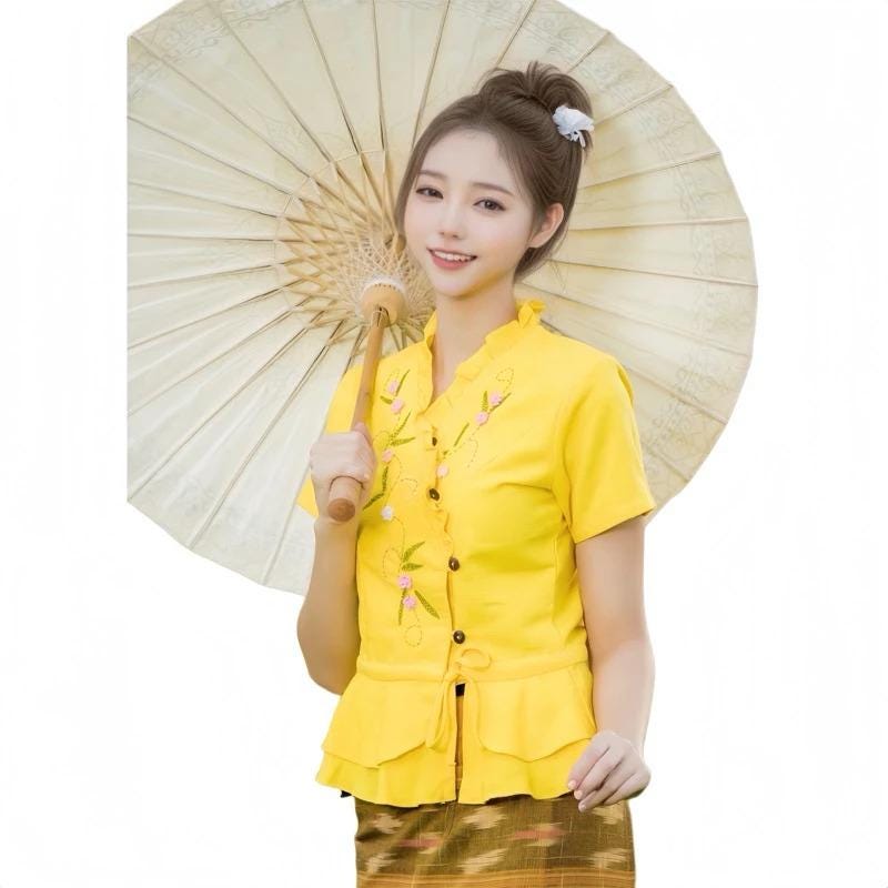Thai Lanna Blouse - Thai Traditional Cotton Top - Thai Shirt - Cotton Shirt -Chest 34-42"