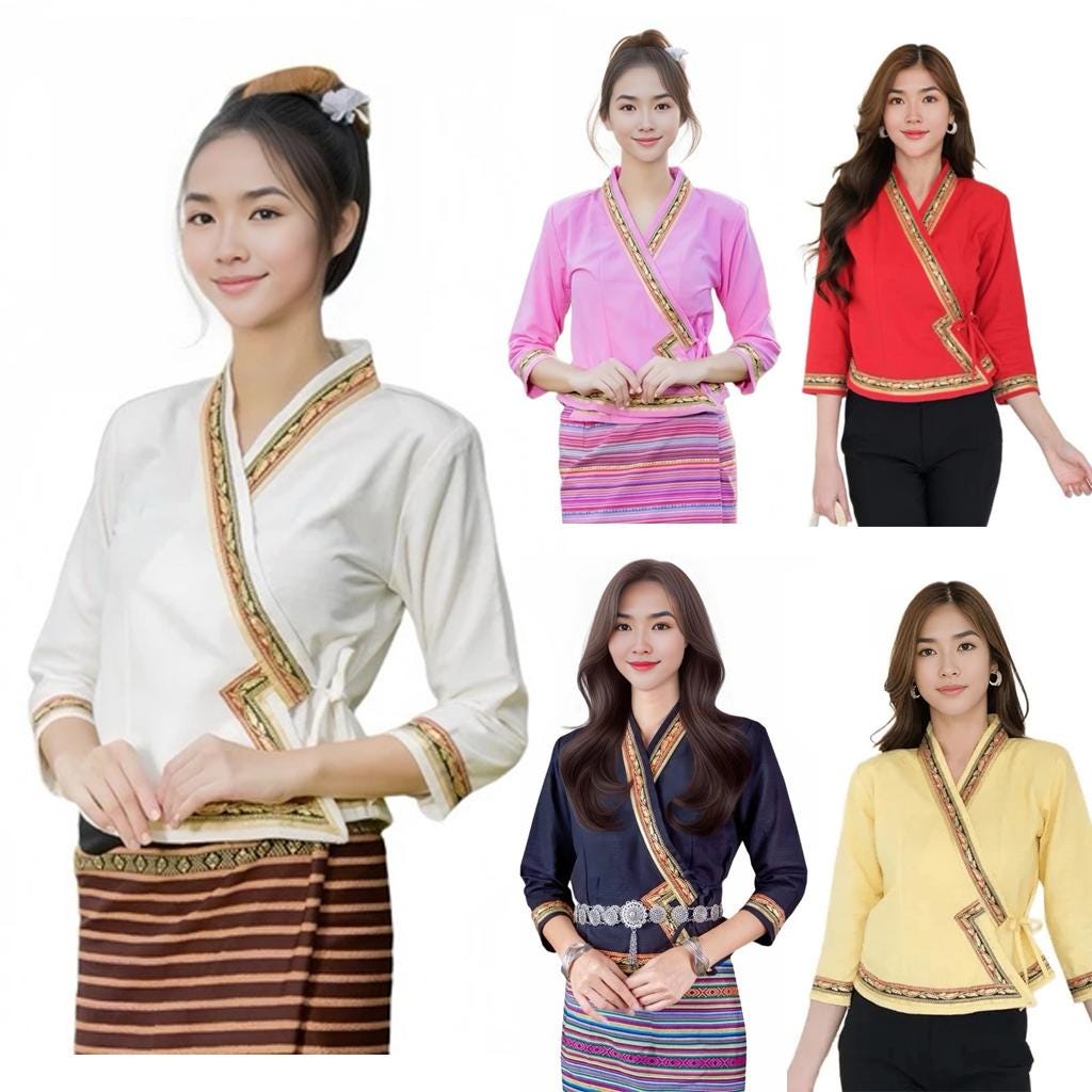 Thai Lanna Blouse - Thai Traditional Cotton Top - Thai Shirt - Cotton Shirt -Chest 34"-42"
