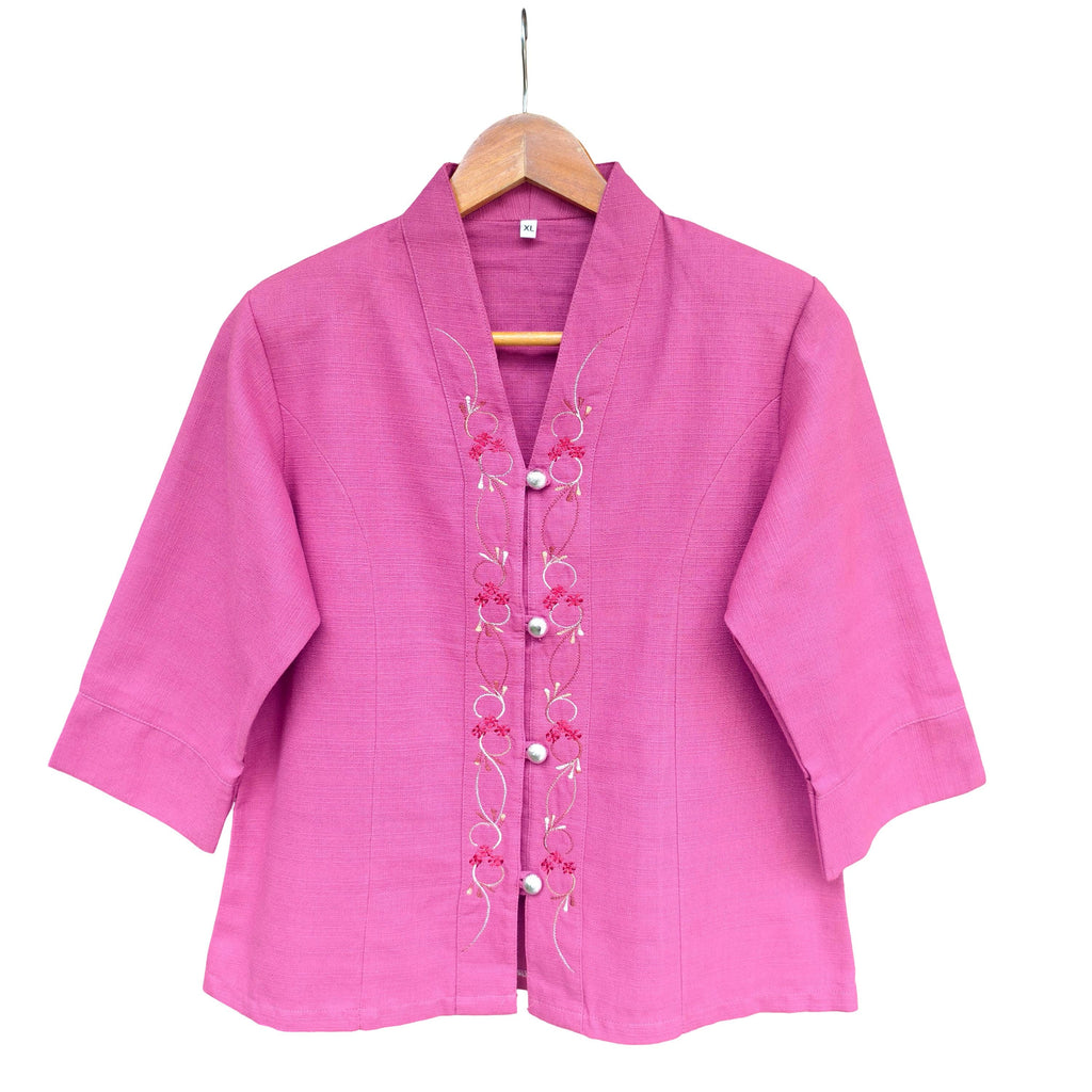 Chest 36"- 44" - Elegant Pink Embroidered Cotton Blouse | Floral Button-Down Shirt | Traditional Thai Style Top | 3/4 Sleeve Boho