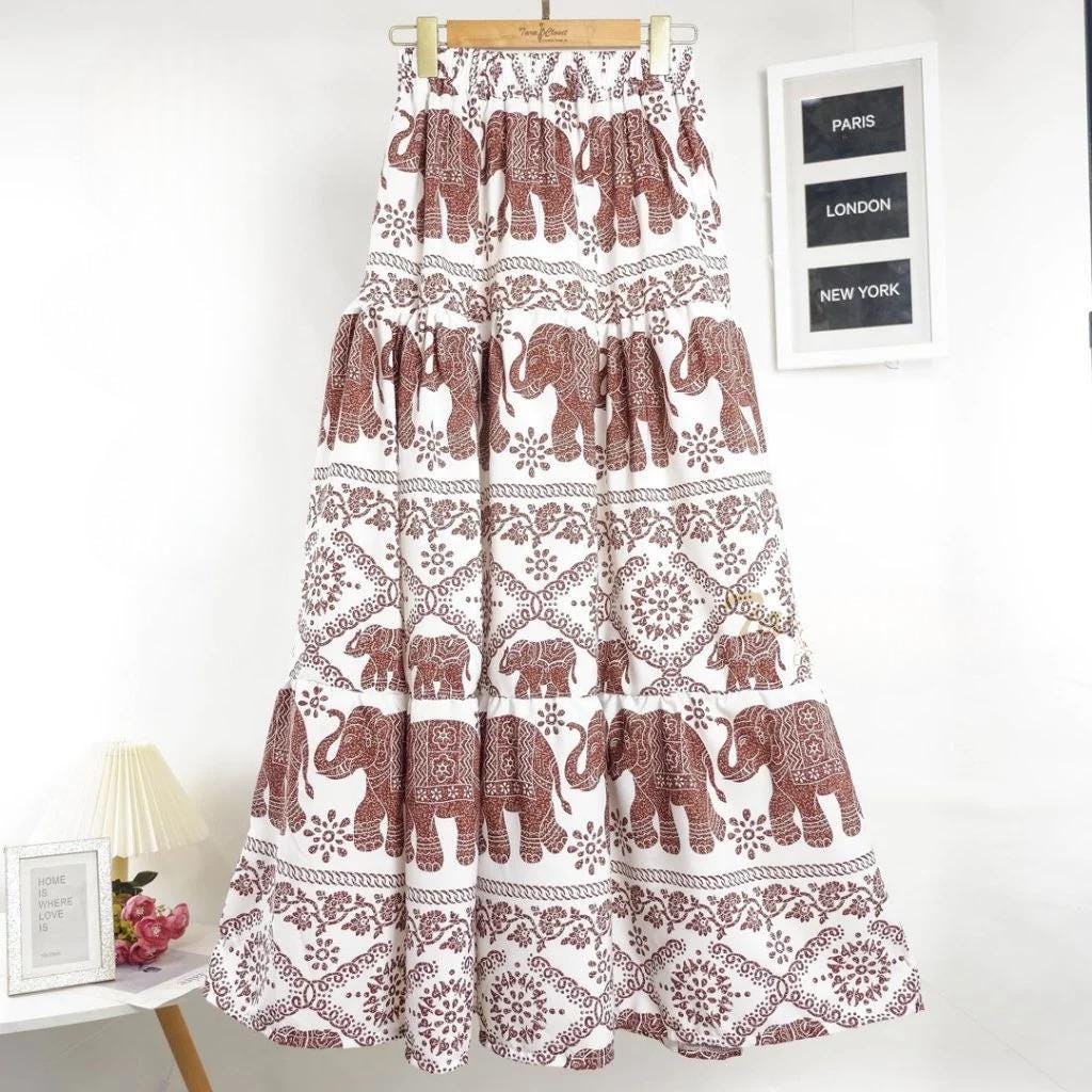 Long Elephant Skirt, High Waisted Tiered Maxi Skirt, Thai Elephant Pants Skirt, Boho Summer Festival Skirt, Smocked Waist Italian Silk