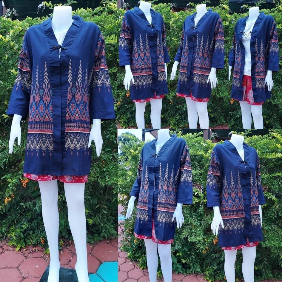 Thai Lanna Blouse - Thai Traditional Cotton Top - Long Jacket - Cotton Shirt - Chest 44"