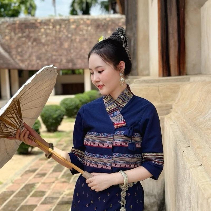 Thai Lanna Blouse - Thai Traditional Cotton Top - Thai Shirt - Cotton Shirt -Chest 34-44"”