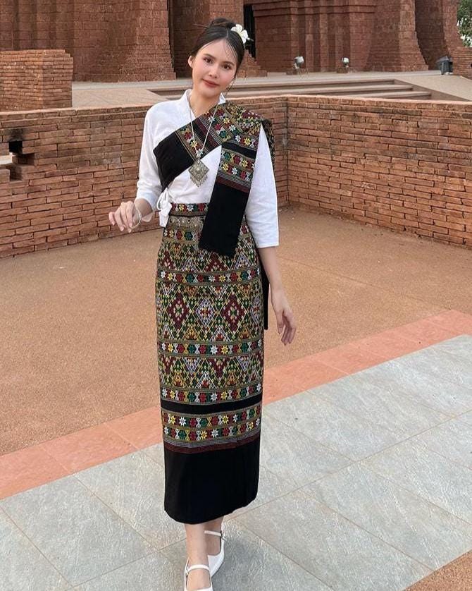 Set Thai Salong+Sabai - Cotton Salong - Free Size -Asian Salong - Lanna Style - Black Color