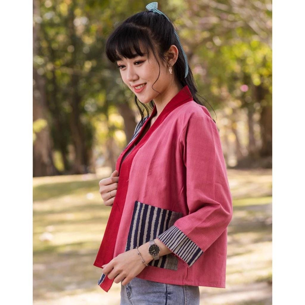 Thai Lanna Cotton Indigo Yukata Kimono Jacket – Soft & Breathable | Unisex Haori with Pockets | Handmade Thai Fabric - Chest 44"