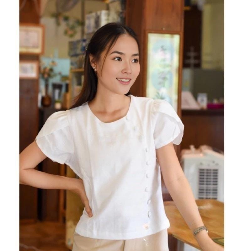 Thai Lanna Blouse - Thai Traditional Cotton Top - Thai Shirt - Cotton Shirt -Chest 34"-44"