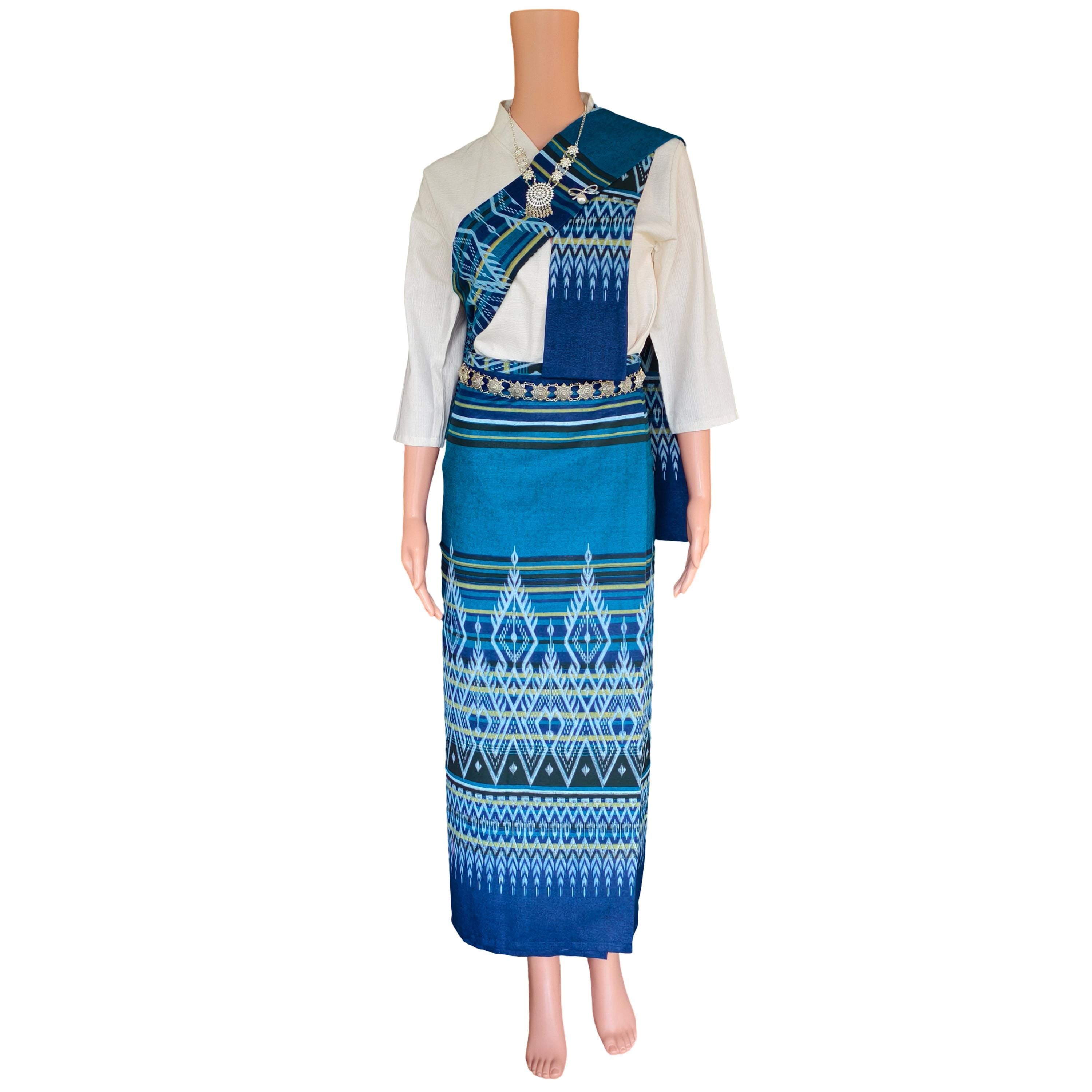 Set Thai Salong+Sabai - Cotton Salong - Free Size -Asian Salong - Lanna Style
