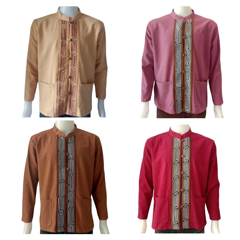 Chest 44"-48" - Men’s Lanna Cotton Shirt – Thai Style Mandarin Collar Shirt | Traditional Northern Thailand Fashion |