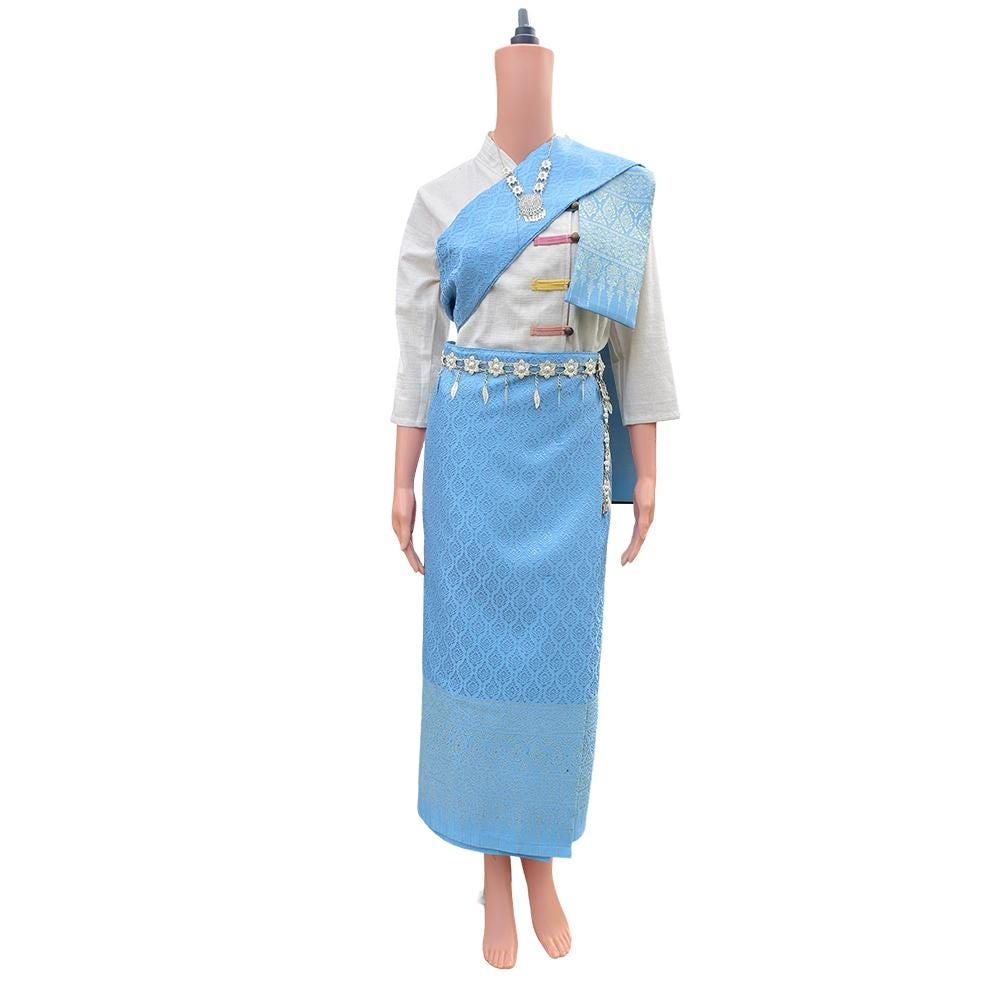 Set Thai Salong+Sabai with Fusible Interfacing - Silk Fabric - Free Size - Asian Salong - Lanna Style