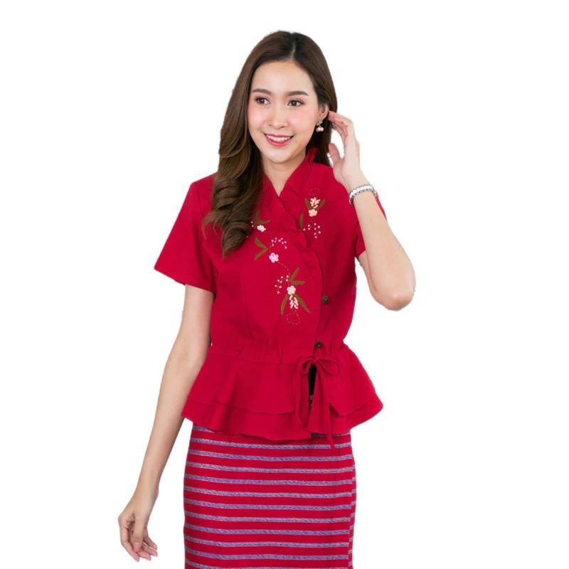 Thai Lanna Blouse - Thai Traditional Cotton Top - Thai Shirt - Cotton Shirt -Chest 34-42"