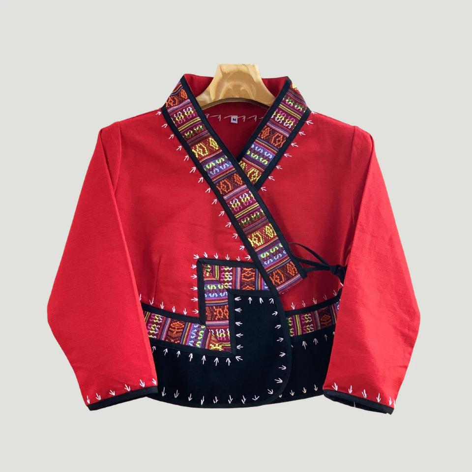 Thai Lue Traditional Jacket – Handwoven Lanna Textile Shirt, Embroidered Wrap Top, Short or Long Sleeve | Red, Navy, White | Chest 36–46 in