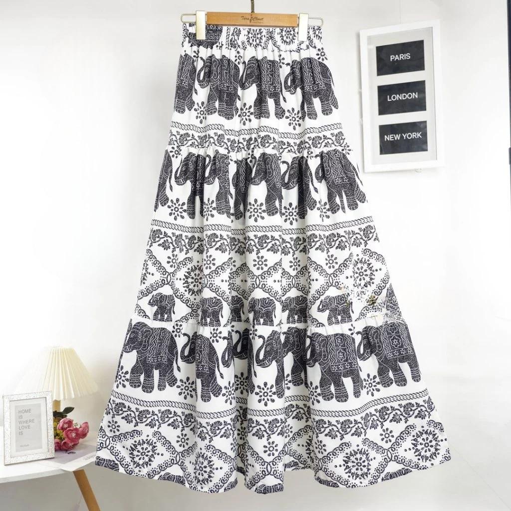 Long Elephant Skirt, High Waisted Tiered Maxi Skirt, Thai Elephant Pants Skirt, Boho Summer Festival Skirt, Smocked Waist Italian Silk