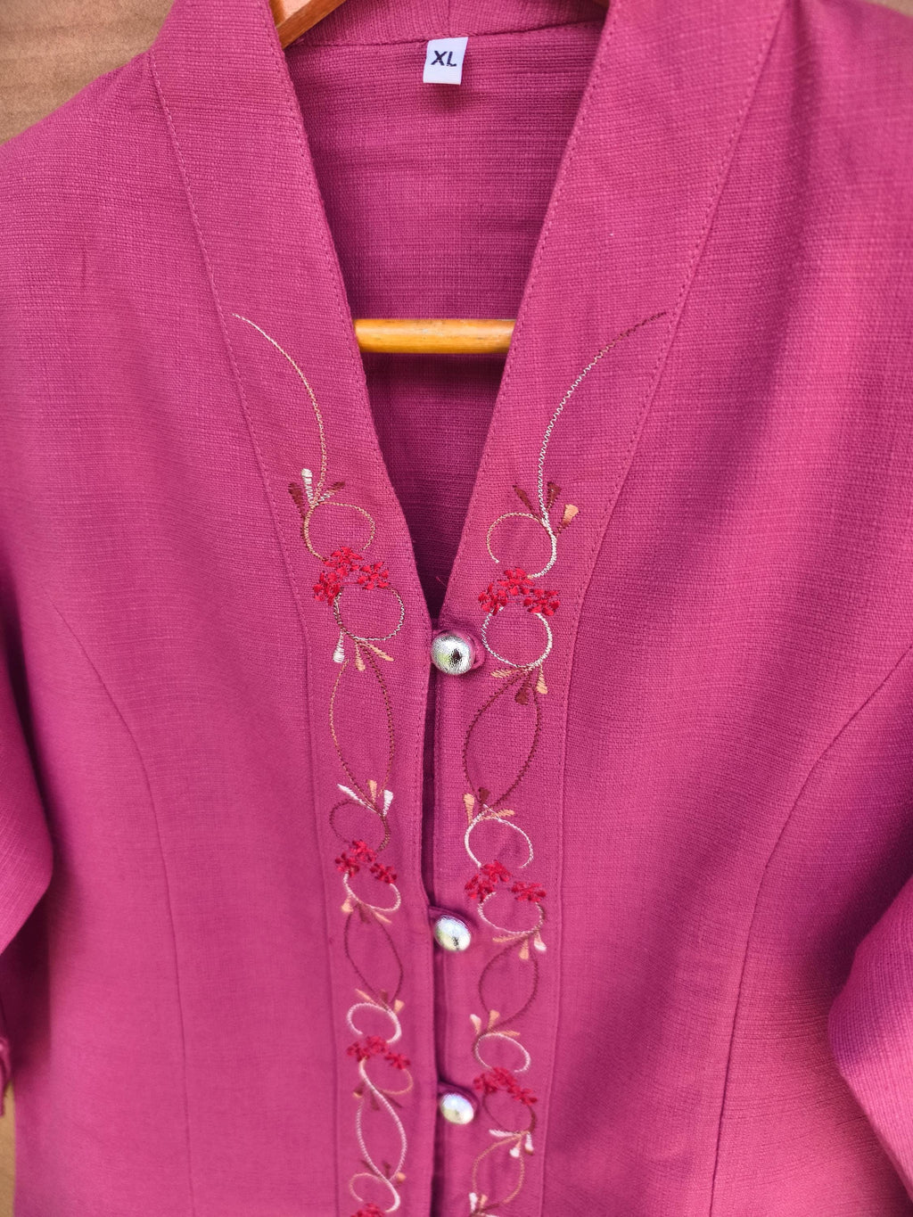 Chest 36"- 44" - Elegant Pink Embroidered Cotton Blouse | Floral Button-Down Shirt | Traditional Thai Style Top | 3/4 Sleeve Boho