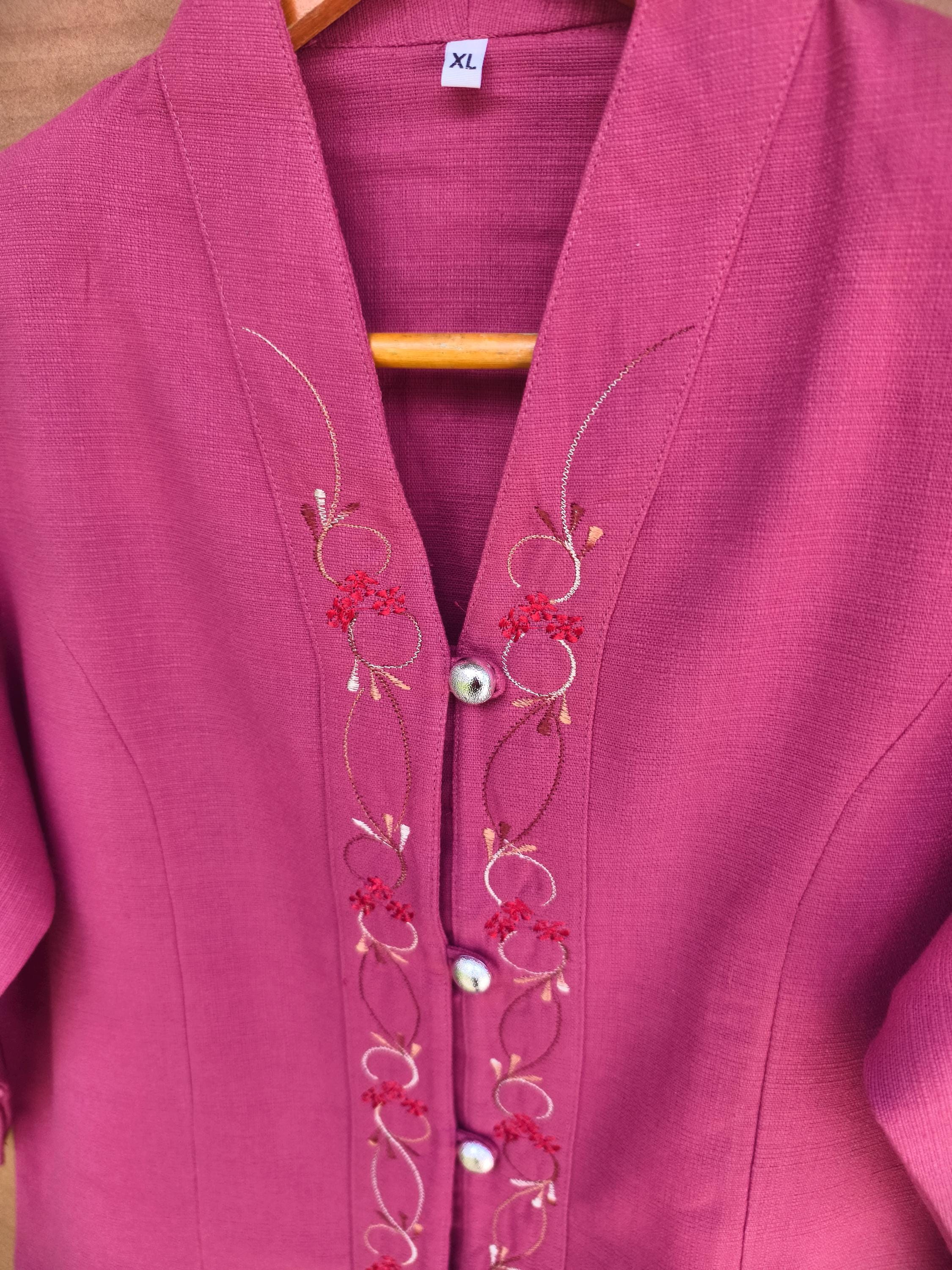Chest 36"- 44" - Elegant Pink Embroidered Cotton Blouse | Floral Button-Down Shirt | Traditional Thai Style Top | 3/4 Sleeve Boho