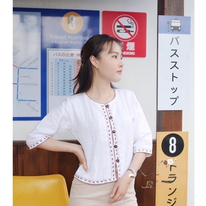 Thai Lanna Blouse - Thai Traditional Cotton Top - Thai Shirt - Cotton Shirt -Chest 34-42"”