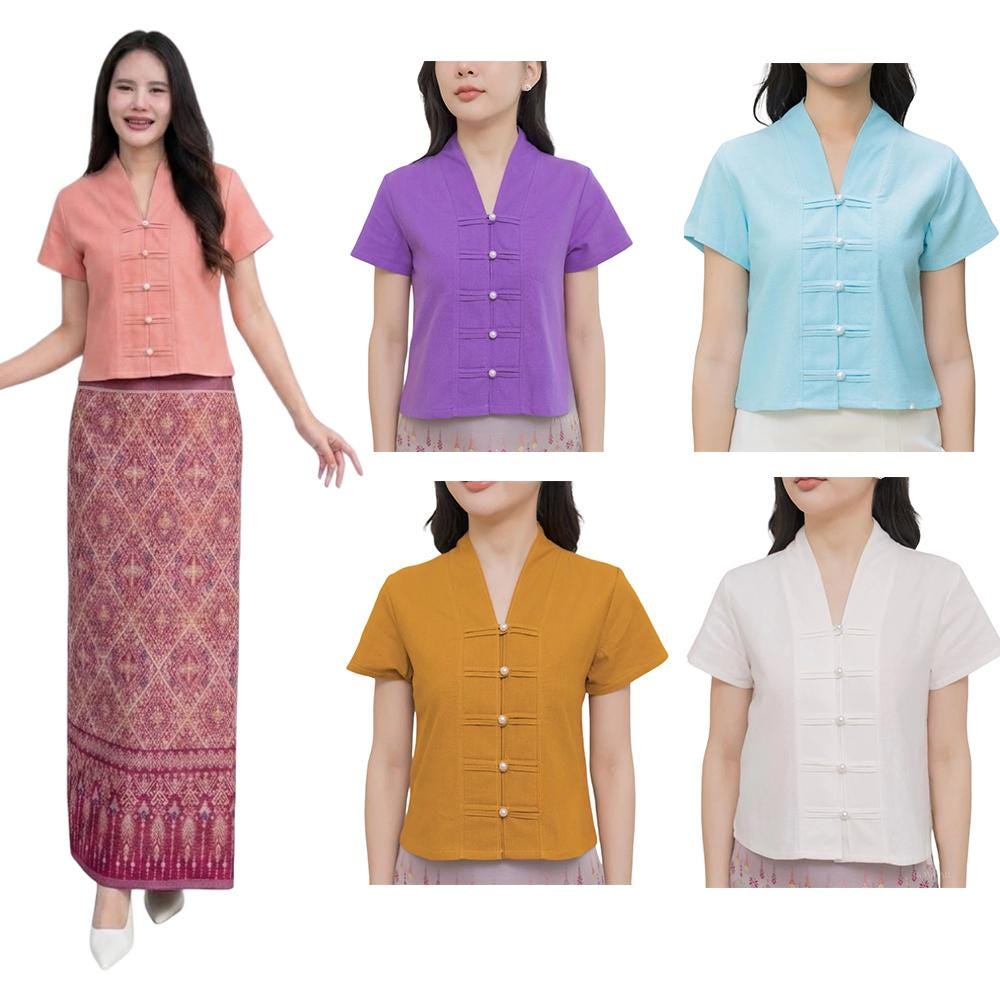 Chest 34"-42" - Thai Lanna Blouse - Thai Traditional Cotton Top - Thai Shirt - Cotton Shirt - Thai Vintage Blouse