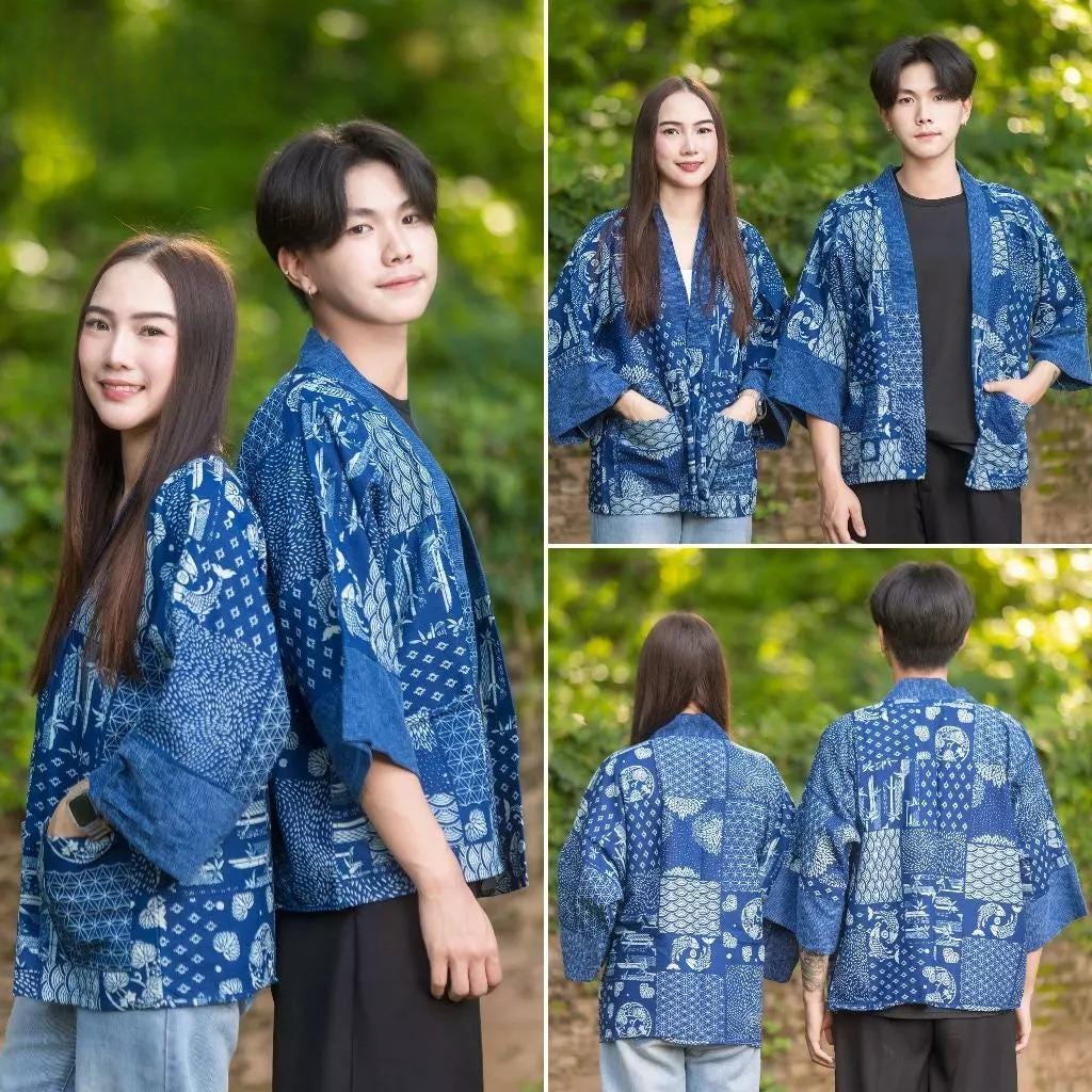 Chest 52" - Indigo Cotton Kimono Jacket | Unisex Yukata Cardigan | Handmade Batik Robe | Japanese Style Haori