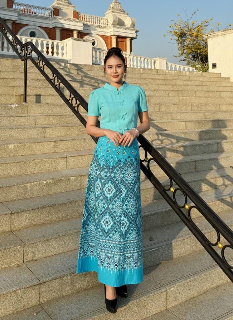 Bust 34"-40" - Traditional Thai Lanna Dress – Handmade Cotton Top & Ethnic Pattern Skirt Set