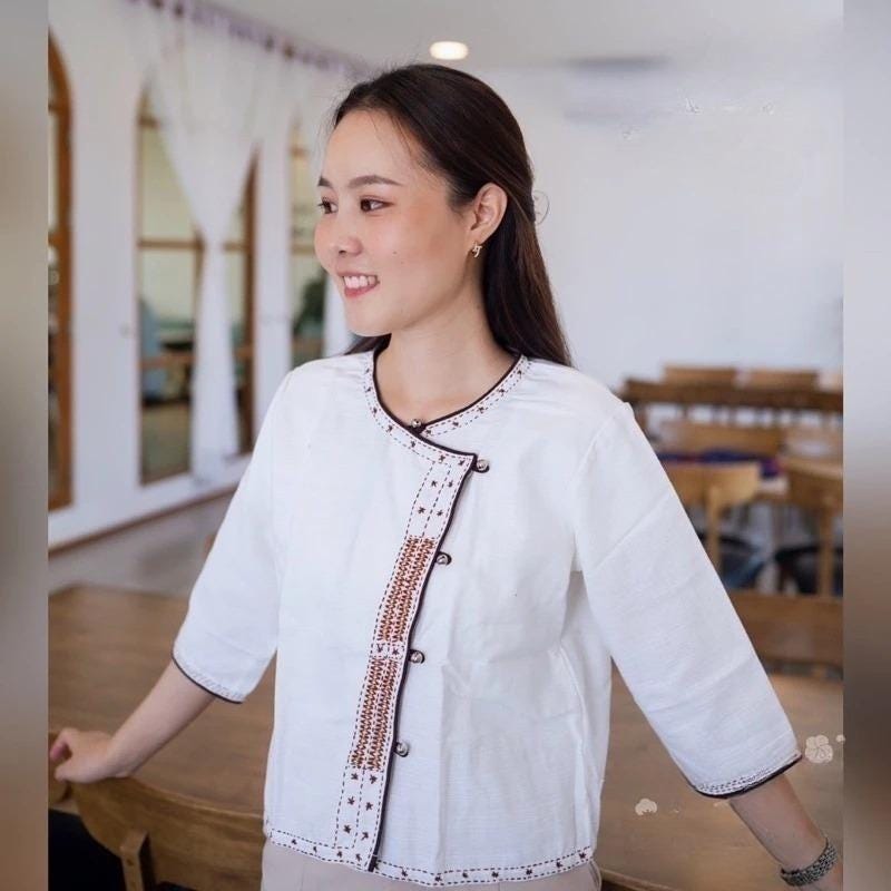 Thai Lanna Blouse - Thai Traditional Cotton Top - Thai Shirt - Cotton Shirt -Chest 34-40"”