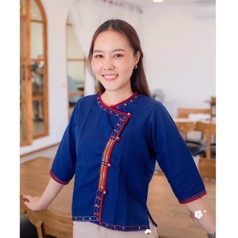 Thai Lanna Blouse - Thai Traditional Cotton Top - Thai Shirt - Cotton Shirt -Chest 34-40"”