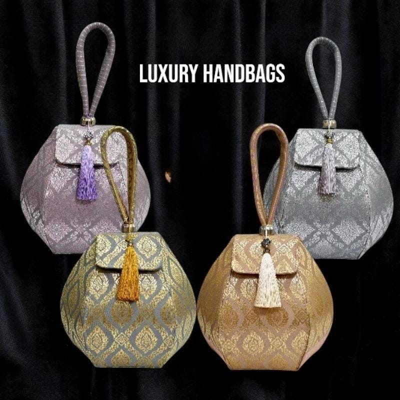 Thai Fabric Handbag, Luxury Thai Brocade Purse, Elegant Wristlet Bag, Handmade Evening Bag, Traditional Thai Pattern Clutch, Gift for Women