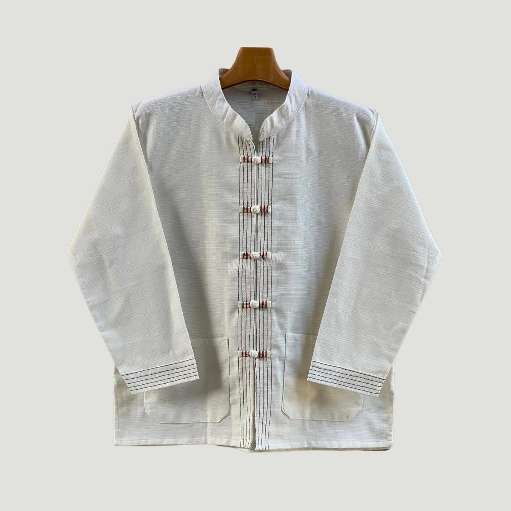 Chest 42"-50" - Men’s Lanna Cotton Shirt – Thai Style Mandarin Collar Shirt | Traditional Northern Thailand Fashion | Available Ten Colors