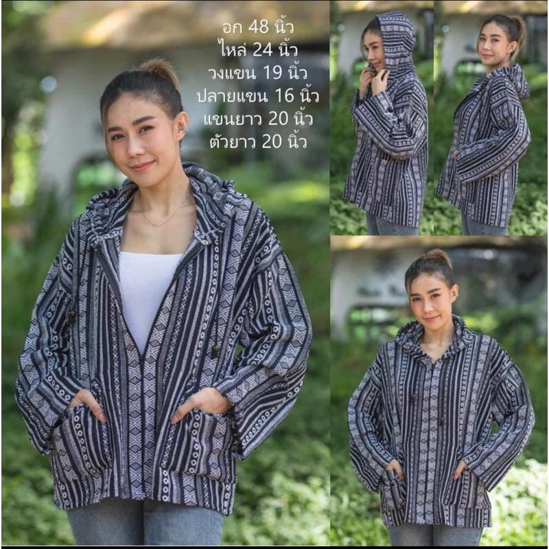 Chest 48" - Handwoven Naka Hooded Jacket – Warm Ethnic Cotton Coat | Free Size Boho Winter Hoodie with Front Zip & Pockets
