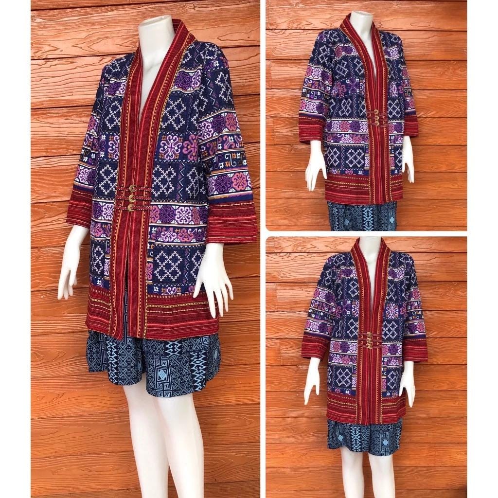 Thai Lanna Cotton Indigo Yukata Kimono Jacket – Soft & Breathable | Unisex Haori with Pockets | Handmade Thai Fabric - Chest 44"