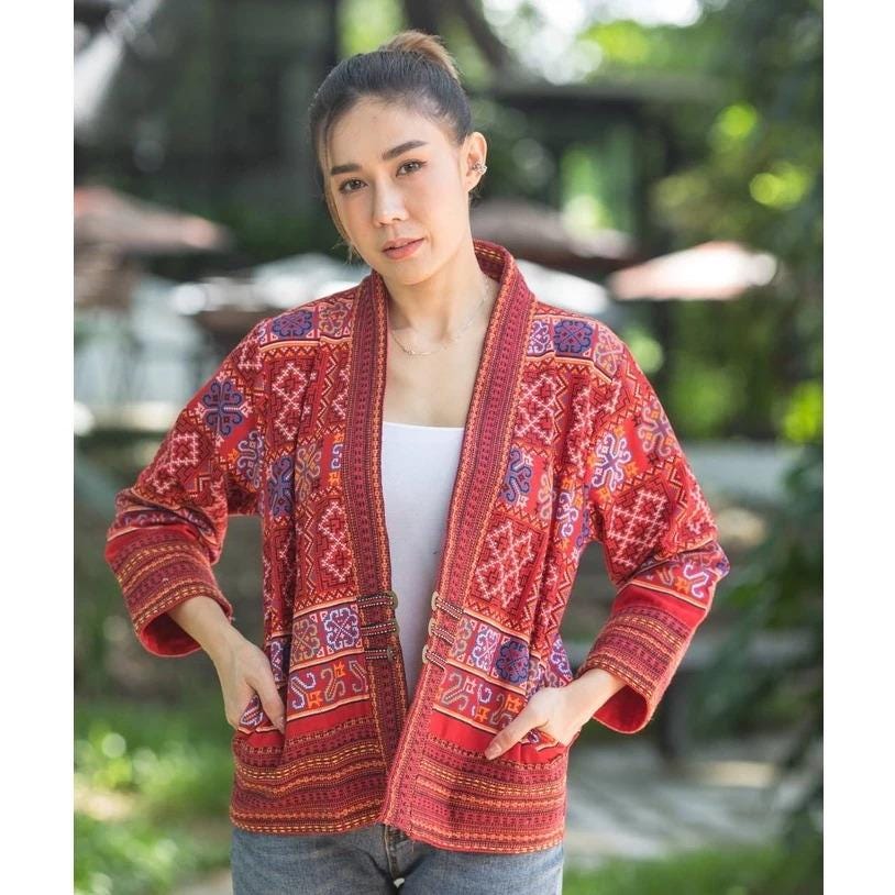 Thai Lanna Blouse - Thai Traditional Cotton Top - Crop Jacket - Cotton Shirt - Chest 44"