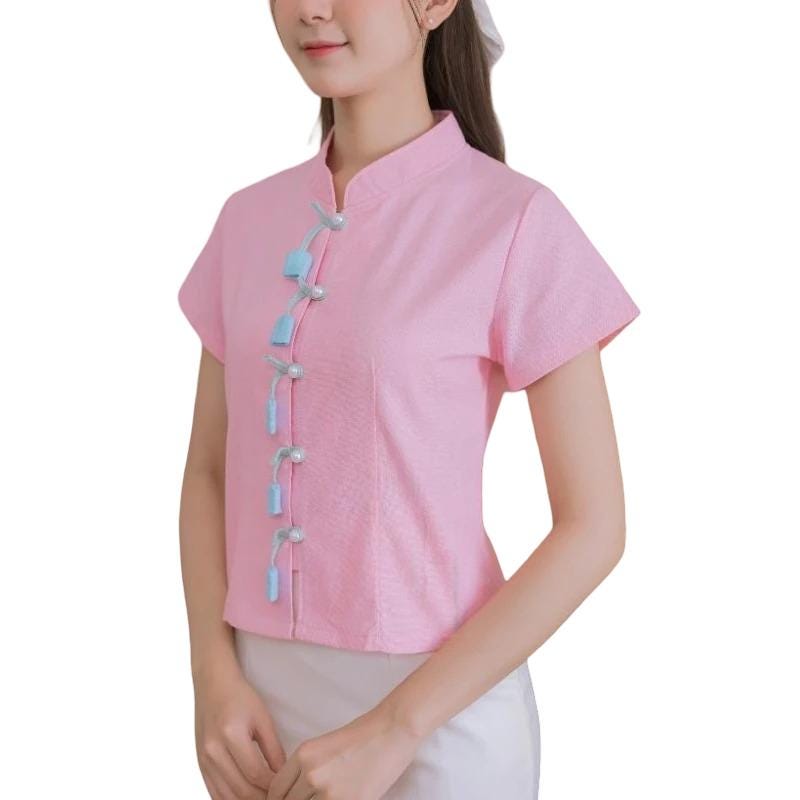 Chest 34"- 44" -  Thai Lanna Blouse - Thai Traditional Cotton Top - Thai Shirt - Cotton Blouse