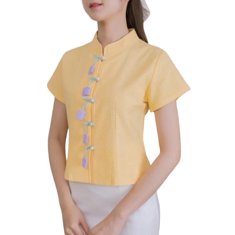 Chest 34"- 44" -  Thai Lanna Blouse - Thai Traditional Cotton Top - Thai Shirt - Cotton Blouse
