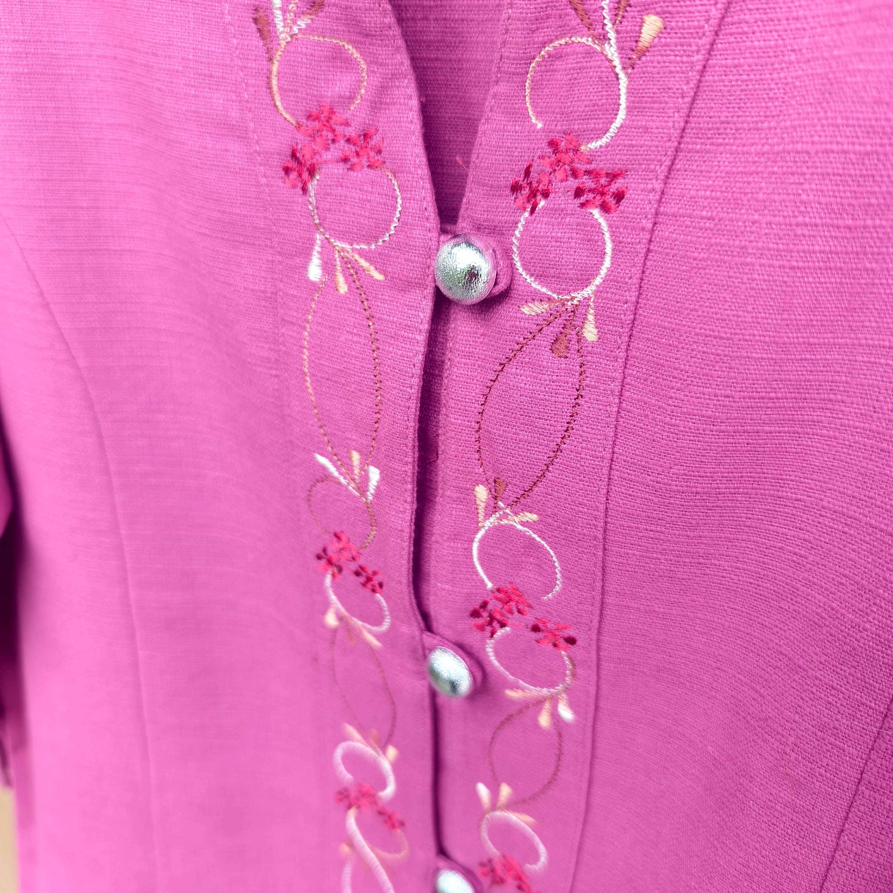 Chest 36"- 44" - Elegant Pink Embroidered Cotton Blouse | Floral Button-Down Shirt | Traditional Thai Style Top | 3/4 Sleeve Boho