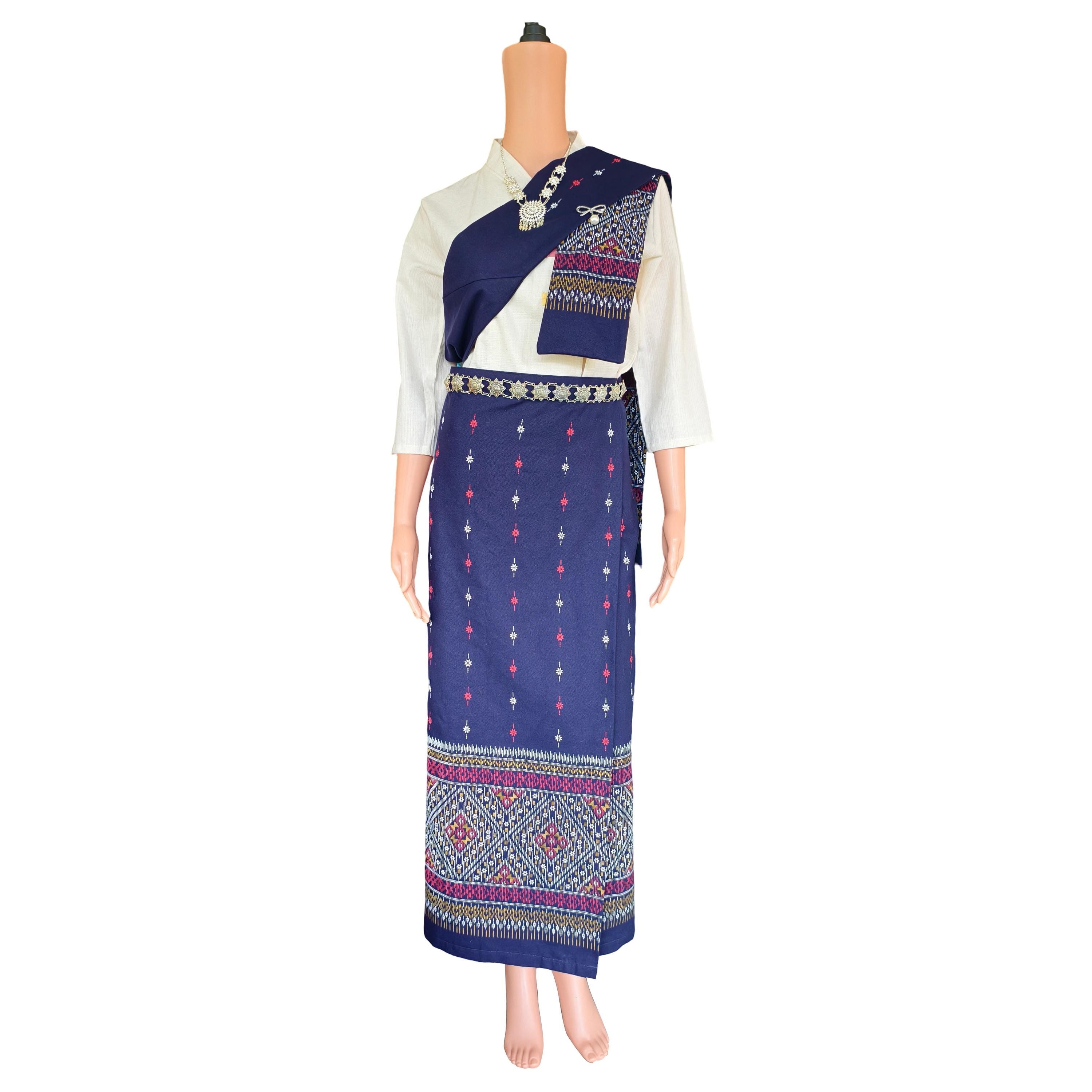 Set Thai Salong+Sabai - Cotton Salong - Free Size -Asian Salong - Lanna Style