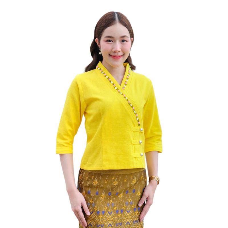 Thai Lanna Blouse - Thai Traditional Cotton Top - Thai Shirt - Cotton Shirt -Chest 34-42"