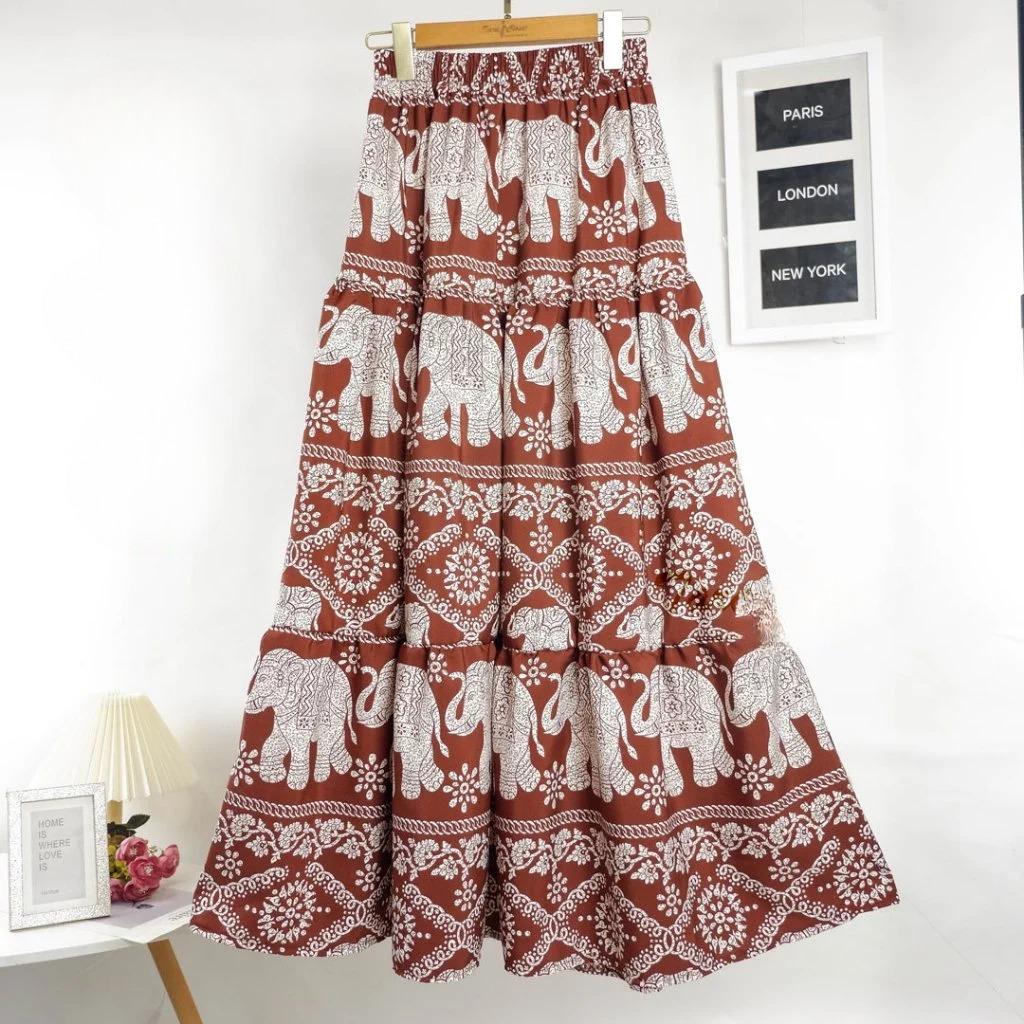 Long Elephant Skirt, High Waisted Tiered Maxi Skirt, Thai Elephant Pants Skirt, Boho Summer Festival Skirt, Smocked Waist Italian Silk