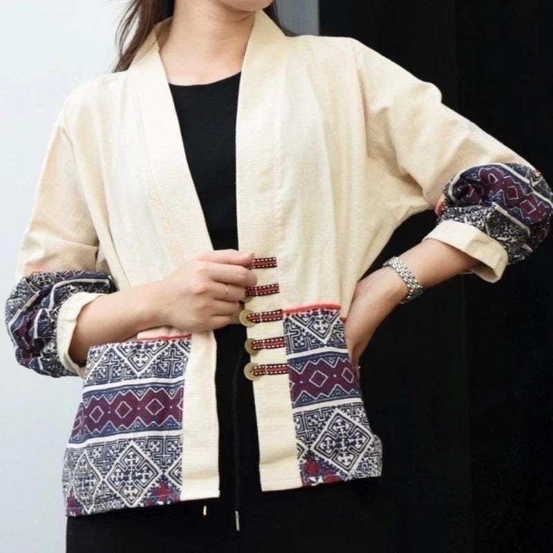 Thai Lanna Blouse - Thai Traditional Cotton Top - Crop Jacket - Cotton Shirt - Chest 42"