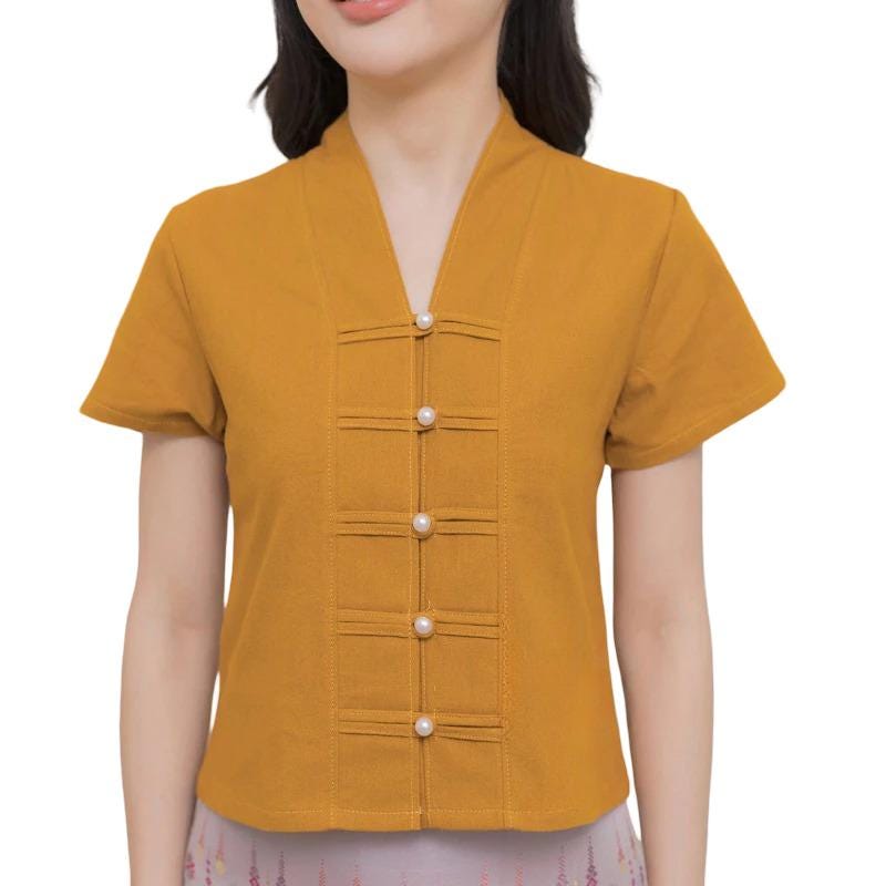 Chest 34"-42" - Thai Lanna Blouse - Thai Traditional Cotton Top - Thai Shirt - Cotton Shirt - Thai Vintage Blouse