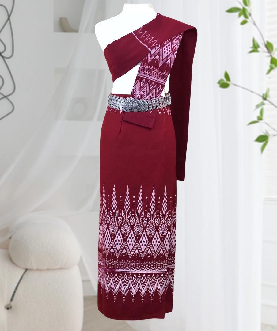Set Thai Salong+Sabai - Cotton Salong - Free Size -Asian Salong - Lanna Style