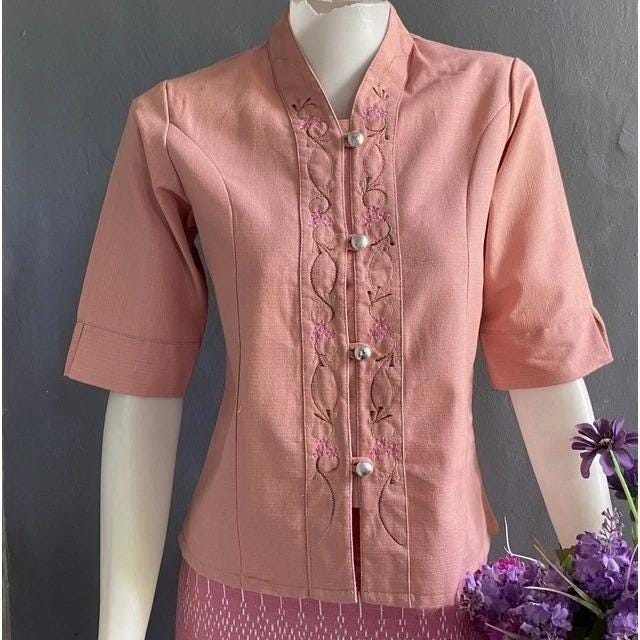 Thai Lanna Blouse - Thai Traditional Cotton Top - Thai Shirt - Cotton Shirt -Chest 36"-44"