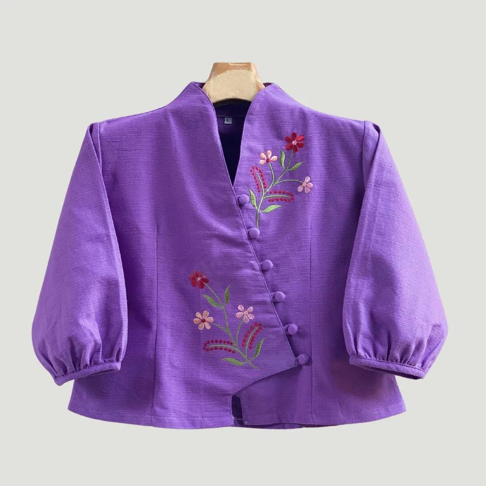 Bust 36"-44" - Embroidered Floral Cotton V-Neck Blouse | Soft Natural Fabric | 9 Colors