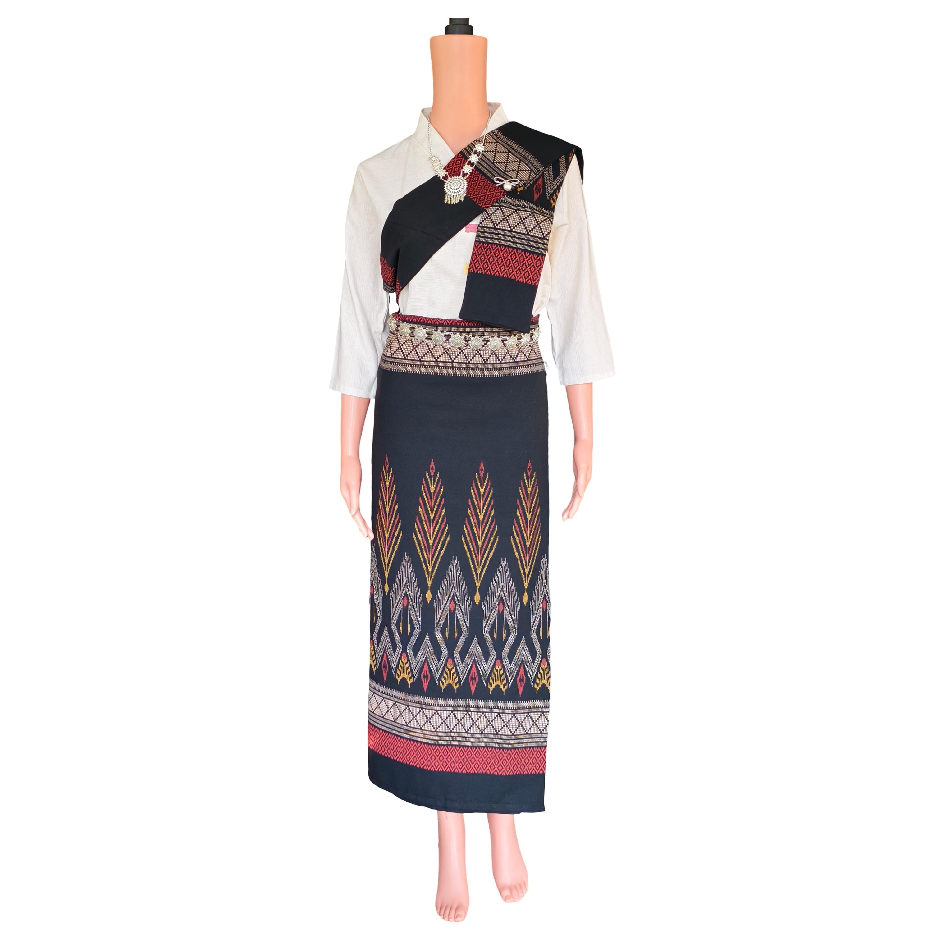 Set Thai Salong+Sabai - Cotton Salong - Free Size -Asian Salong - Lanna Style - Black Color