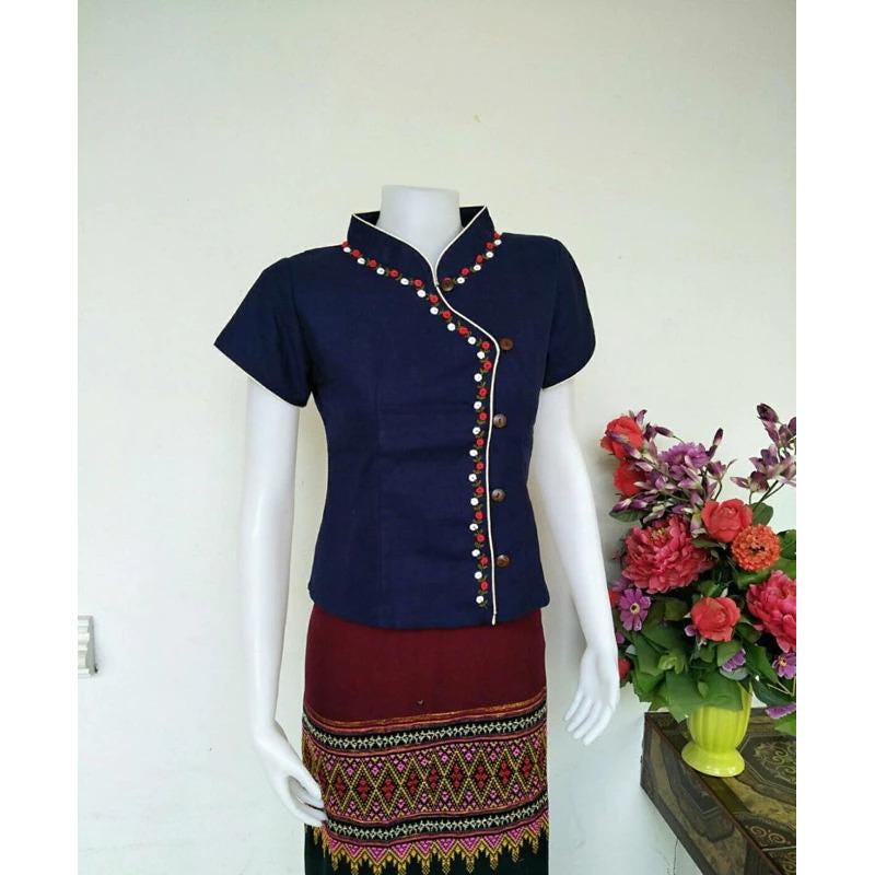 Plus Size Thai Lanna Blouse - Thai Traditional Cotton Top - Thai Shirt - Cotton Shirt -Chest 44"-52"