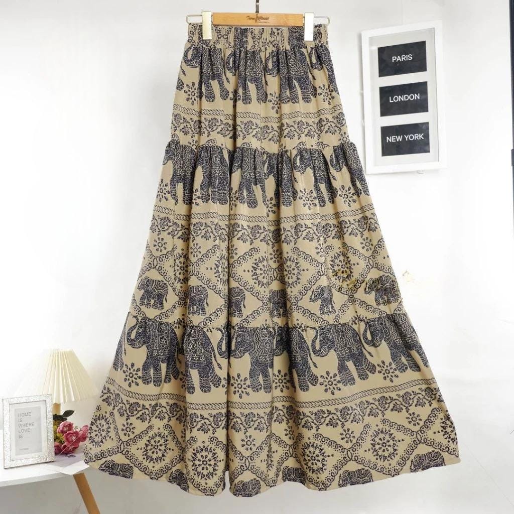 Long Elephant Skirt, High Waisted Tiered Maxi Skirt, Thai Elephant Pants Skirt, Boho Summer Festival Skirt, Smocked Waist Italian Silk