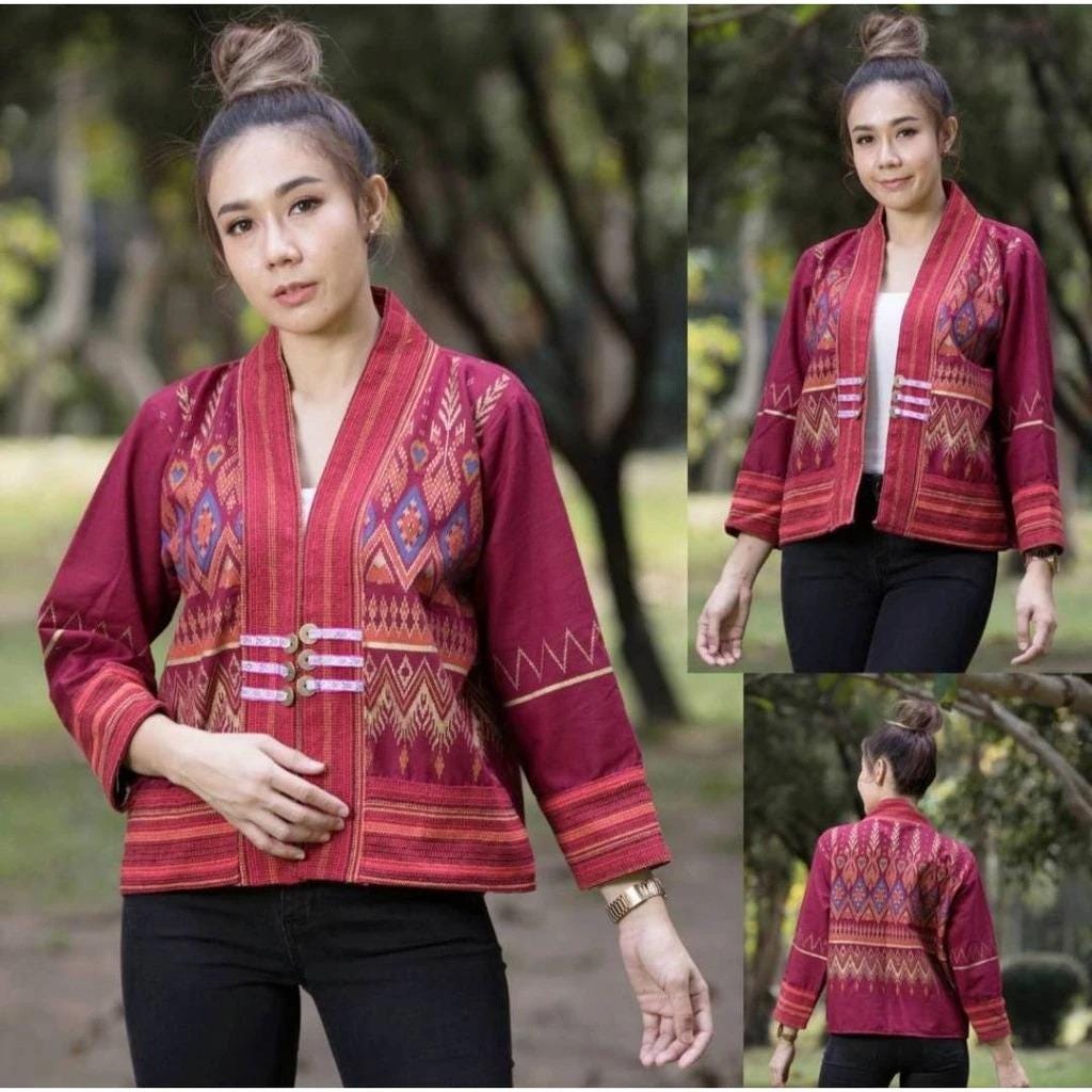 Thai Lanna Blouse - Thai Traditional Cotton Top - Crop Jacket - Cotton Shirt - Chest 44"