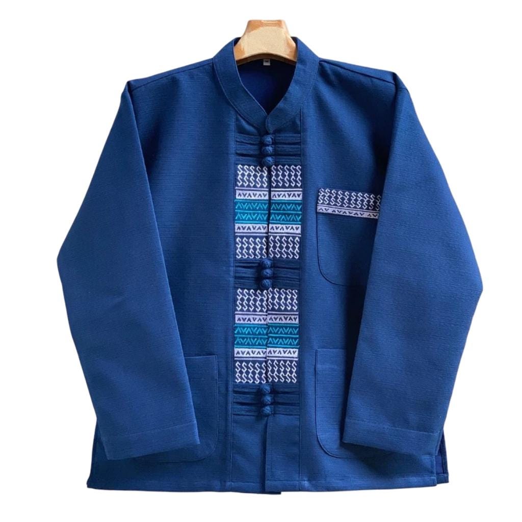 Premium Thai Cotton Men's Shirt, Chiang Mai Chinmai Fabric Mandarin Collar Jacket, Long Sleeve Traditional Embroidered Boho Festival Top
