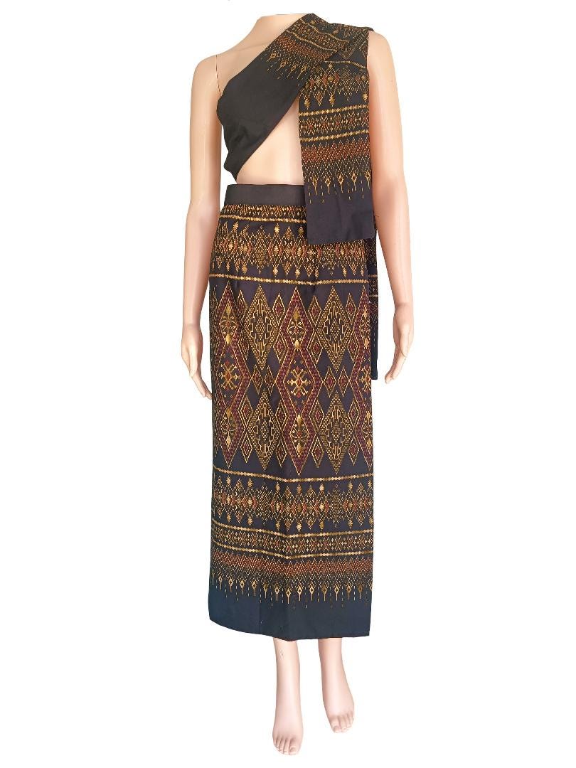 Set Thai Salong+Sabai - Cotton Salong - Free Size -Asian Salong - Lanna Style - Black Color