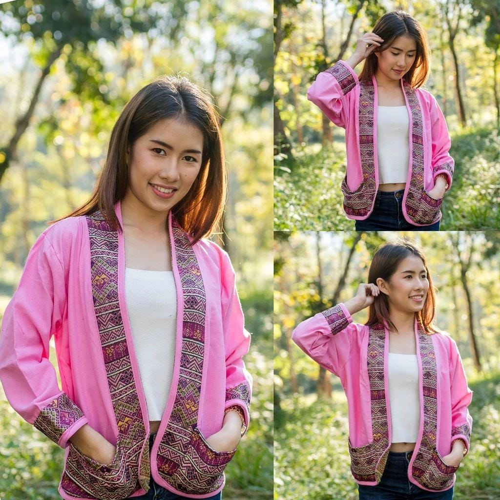 Chest 44" - Thai Lanna Cotton Jacket - Thai Traditional Cotton Top - Cotton Shirt