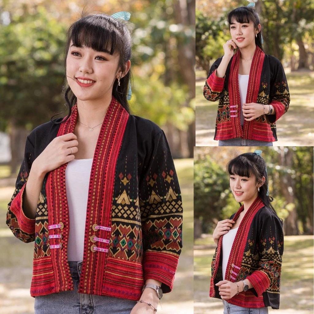 Thai Lanna Blouse - Thai Traditional Cotton Top - Crop Jacket - Cotton Shirt - Chest 44"